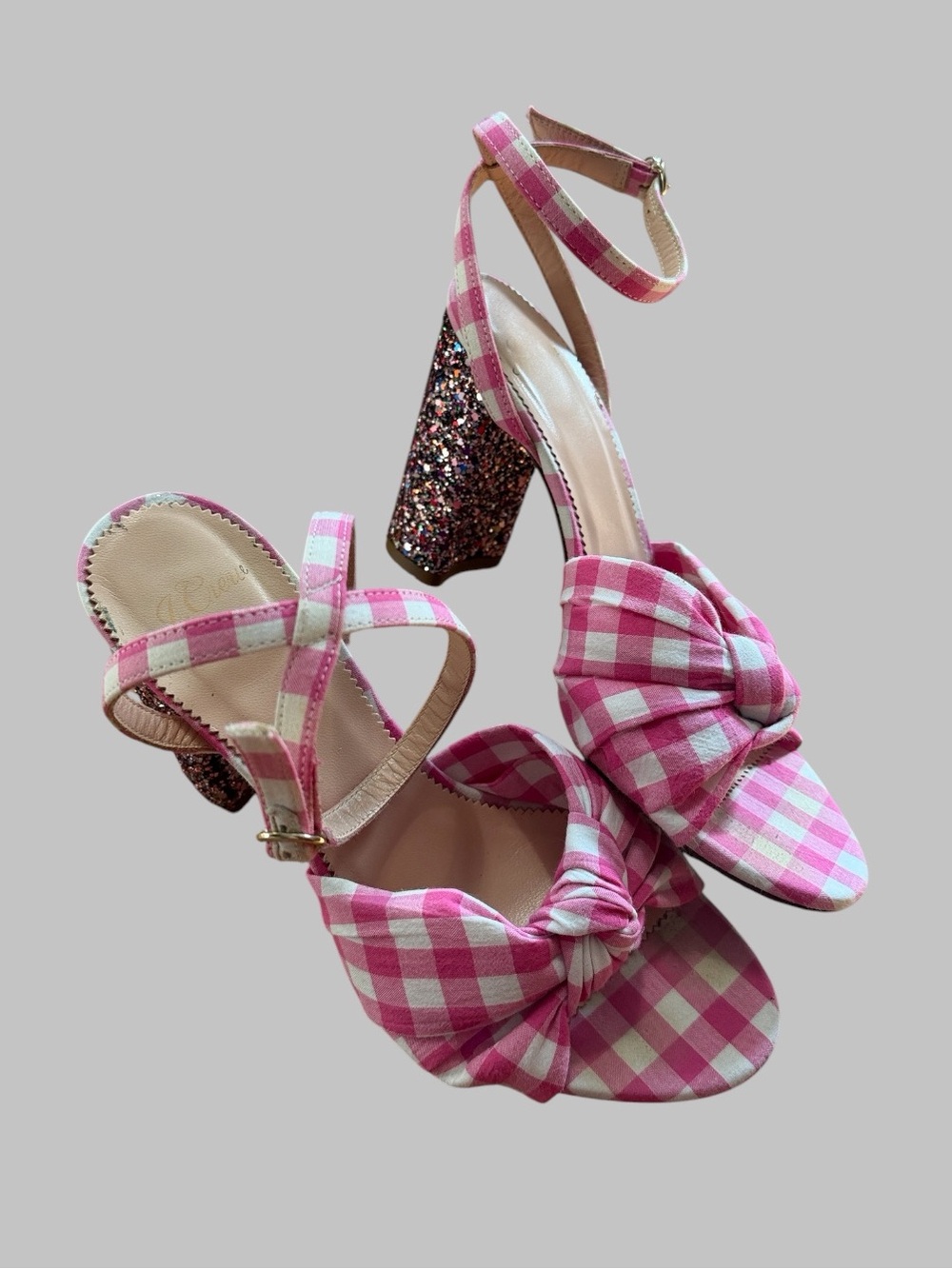 J. Crew Collection Pink & White Gingham Stella Glitter Block Heels